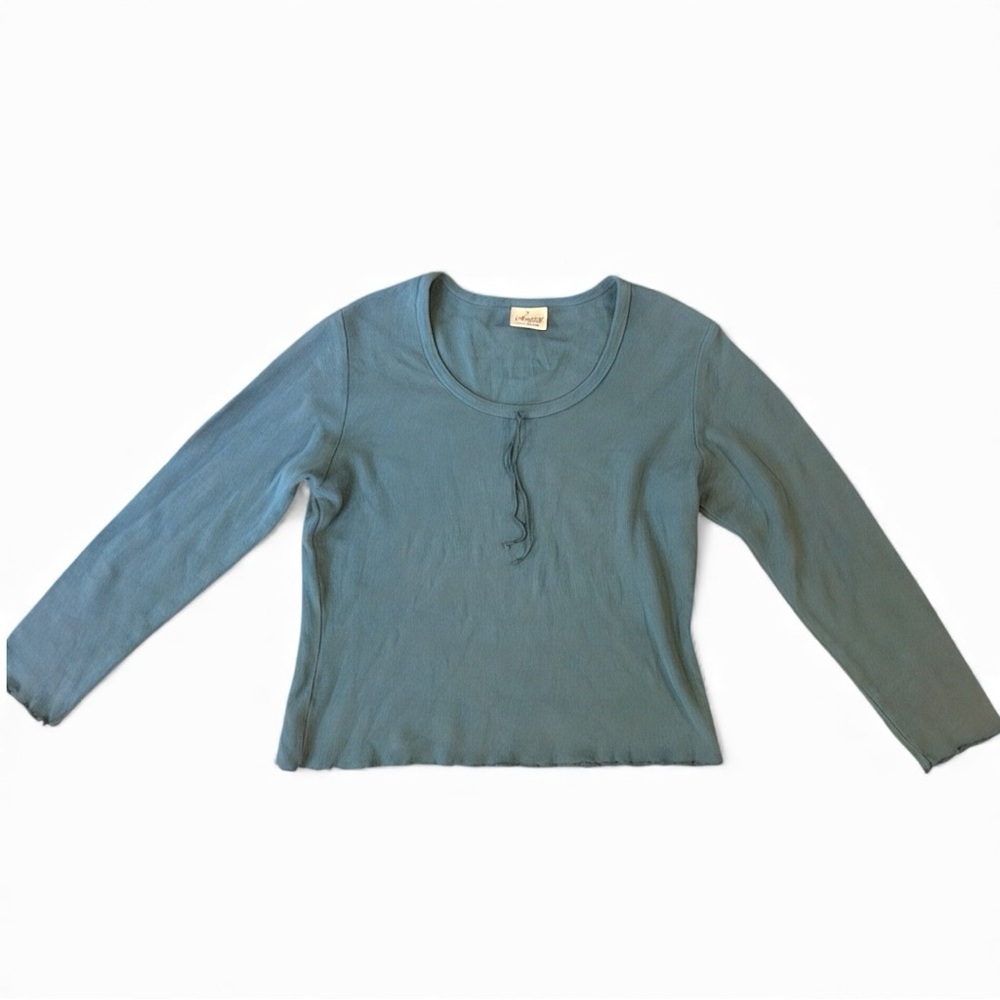 Vintage Varsity Sport Teal Waffle Knit Long Sleeve Top Women’s Medium Cotton